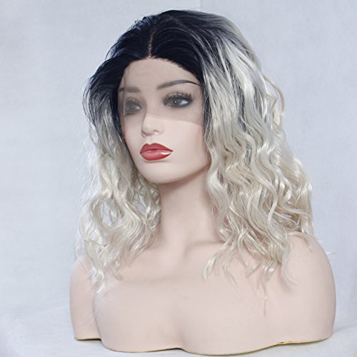 V'NICE 12 Inches Ombre Platinum Blonde Glueless Synthetic Hair Lace Front Wigs Wavy Short Hair Half Hand Tied Replacement Full Wig for Women 1B/613