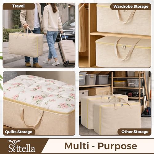 Image of SITTELLA 2 Pack Large Foldable Storage Bags 58 L | Fabric Storage Organizer Box with Zip | Blanket, Quilt & Household Item Storage | Space Saving Storage Container | Beige