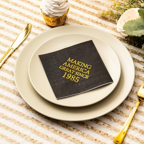Crisky 40th Birthday Disposable Napkins Black and Gold Dessert Beverage Cocktail Cake Napkins 40th Birthday Decoration Party Supplies for Man Making Great Since 1985, 50 Pack 4.9"x4.9" Folded