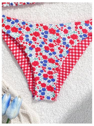 Image of RoseSeek Girl's 2 Piece Swimsuits Floral Gingham Halter Triangle Wireless Bikini Bathing Suit