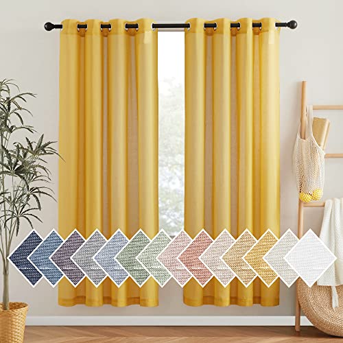 NICETOWN Linen Sheer Curtains 72 inch Length 2 Panels, Grommet Linen Blend Privacy with Light Filtering Gold Window Drapes for Bedroom/Girls Room, Citrine, W52 x L72, 2 Panels