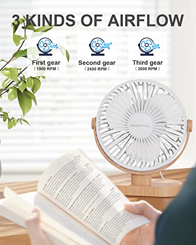 Image of SWEETFULL Small USB Desk Fan 6.5 Inch, 3 Speeds Portable Personal Desktop Table Fan , Dual 360 Adjustment Mini Fan, Quiet Operation, for Home Office Car Outdoor Travel (White wood grain)