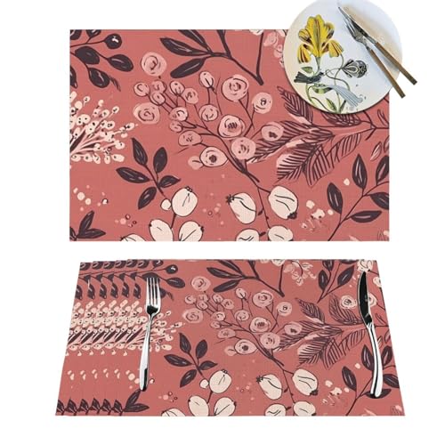 Lot de 4 sets de table tissés anti-chaleur motif fleurs baies