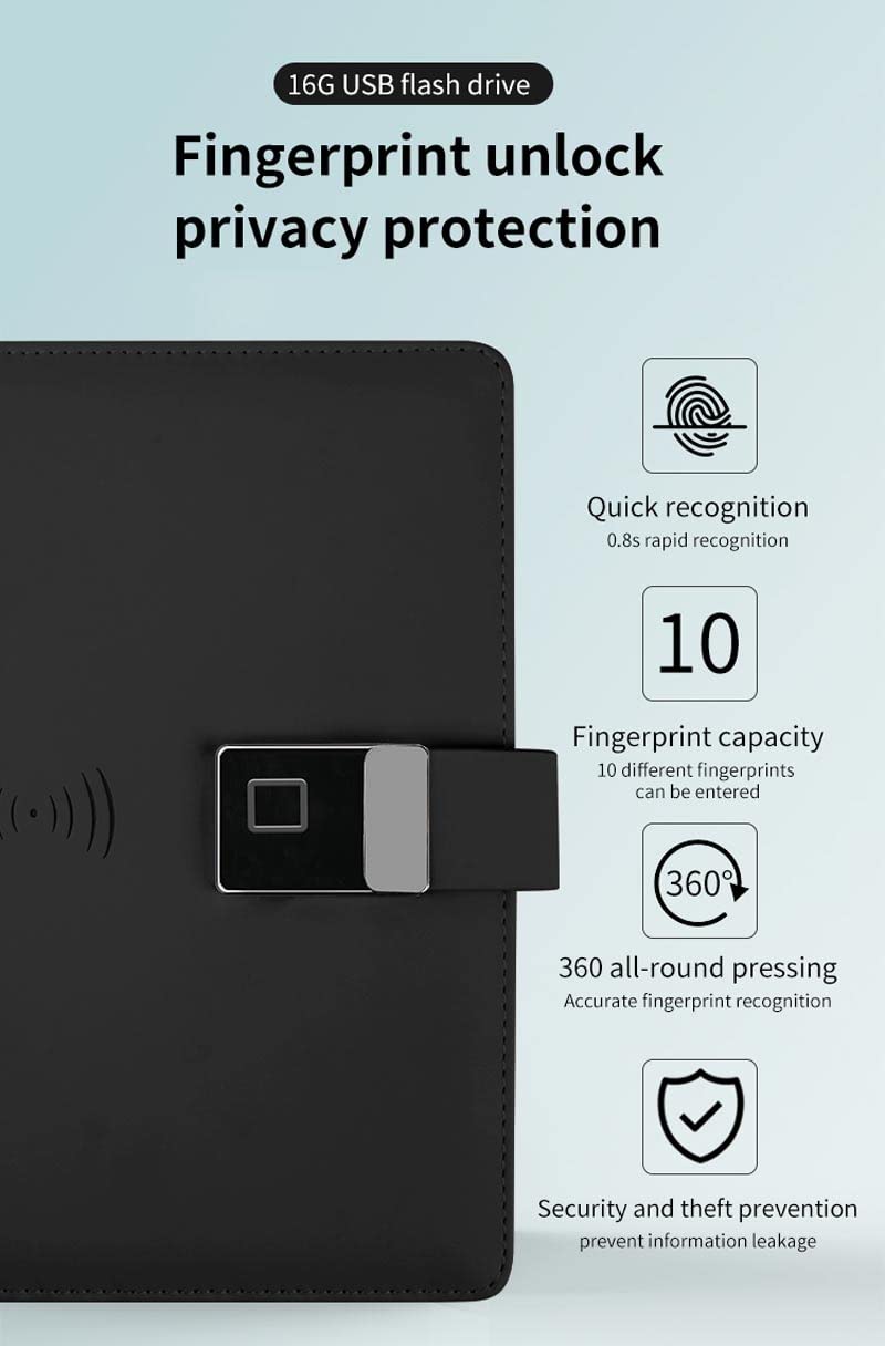 TAHALI Business A5 Black Fingerprint Lock Notebook Bloc de Notas Inteligente con Power Bank (Color : Black-Soul Eater1)