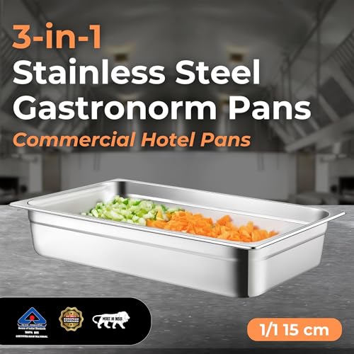 Image of HS Stainless Steel GN Pan Full Size 1 /1 150mm Depth 18L Capacity Anti-Jam Design 100% BIS Certified Raw Material European Standard Made in India 53 x 32.5 x 15 cm Professional Kitchen Grade