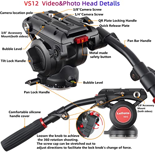 Leifrotto VS12 Video Fluid Head, Tripod Head Quick Release, with Two Plate 12cm & 14 cm, 75mm Base Fluid Head for Video DSLR Camera Max Load 26 lbs, for Tripods Monopods Slider Connection