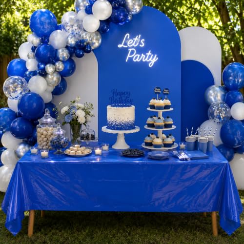 Image of Blue Orchards Royal Blue Plastic Table Cover (Pack of 3 with 20 Glue dots) - 54 inch x 108 inch - Blue Waterproof & Disposable Tablecloth, Navy Blue Decor for Birthday, Party Supplies, Baby Shower, Wedding