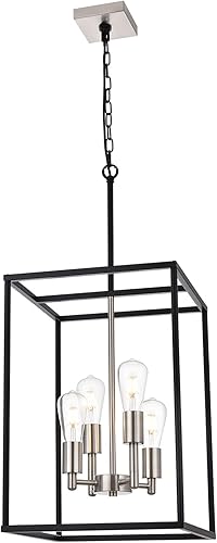 VINLUZ Lámpara de araña de 4 luces, lámpara de araña negra y acabado de níquel cepillado, iluminación colgante industrial de granja, jaula cuadrada,