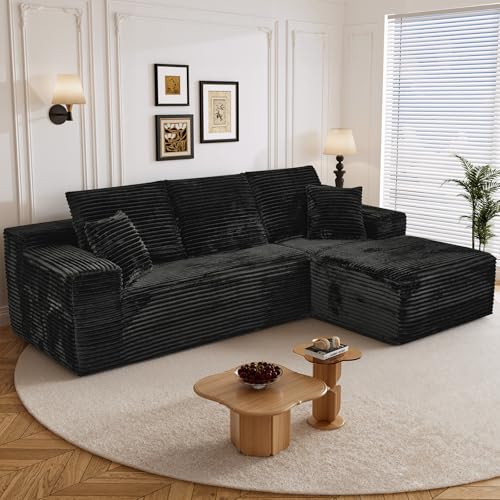 Image of 108 inch L Shaped Boneless Sectional Couches for Living Room, Comfy Corduroy Floor Cloud Sofa with Chaise, Wide Armrest, Deep Seat, Memory Foam, Assembly Free, Ideal for Small Spaces, Black