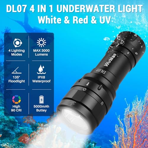 Wurkkos DL07 Tauchlampe,3000 Lumen LED Tauchen Taschenlampe 100 M Unterwasser Foto Füllbeleuchtung USB wiederaufladbare Drehschalter Taschenlampe mit UV-Rotlicht Light