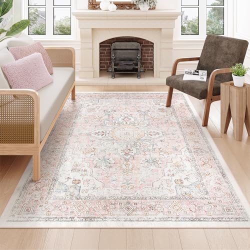 Image of Zealude Boho Washable 5x7 Pink Rugs for Bedroom Girls,Soft Non Slip Living Room Rugs Nursery Rug,Distressed Oriental Indoor Throw Carpet for Entryway Kids Dining Room,Pink