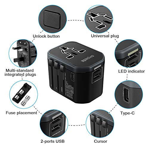 Travel Power Adapter - EPICKA All in One Worldwide International Universal Wall Charger AC Plug Adaptor with 3.4A Dual USB Charging and 3.0A USB Type-C For USA EU UK AUS (2 USB + TYPE C - Grey)