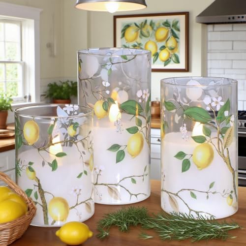 Image of Flameless LED Candles with Remote Lemon Decal Glass Flickering Battery Operated Candles for Home Room Party Wedding Holiday Christmas Valentine's Day Decor - Set of 3
