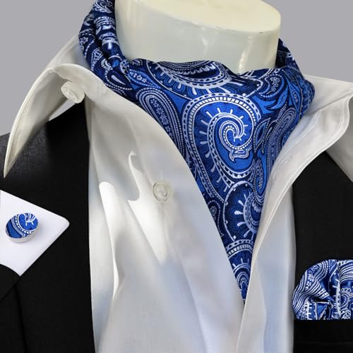 Image of DiBanGu Mens Silk Ascot Ties Paisley Jacquard Woven Cravat and Pocket Square Cufflinks with Lapel Pin for Business Wedding
