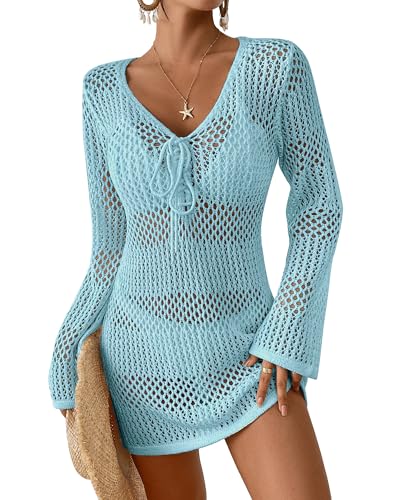Image of Bsubseach Women Swimsuit Crochet Coverup Long Sleeve V Neck Beach Dress