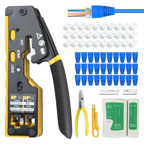 Anyongora RJ45 Crimp Tool Kit, Ethernet Crimper for Cat5 Cat6 Cat7, All-in-One Network Cable Crimping Tool with Cable Tester, Wire Stripper, 30Pcs RJ45 Connectors and Boots