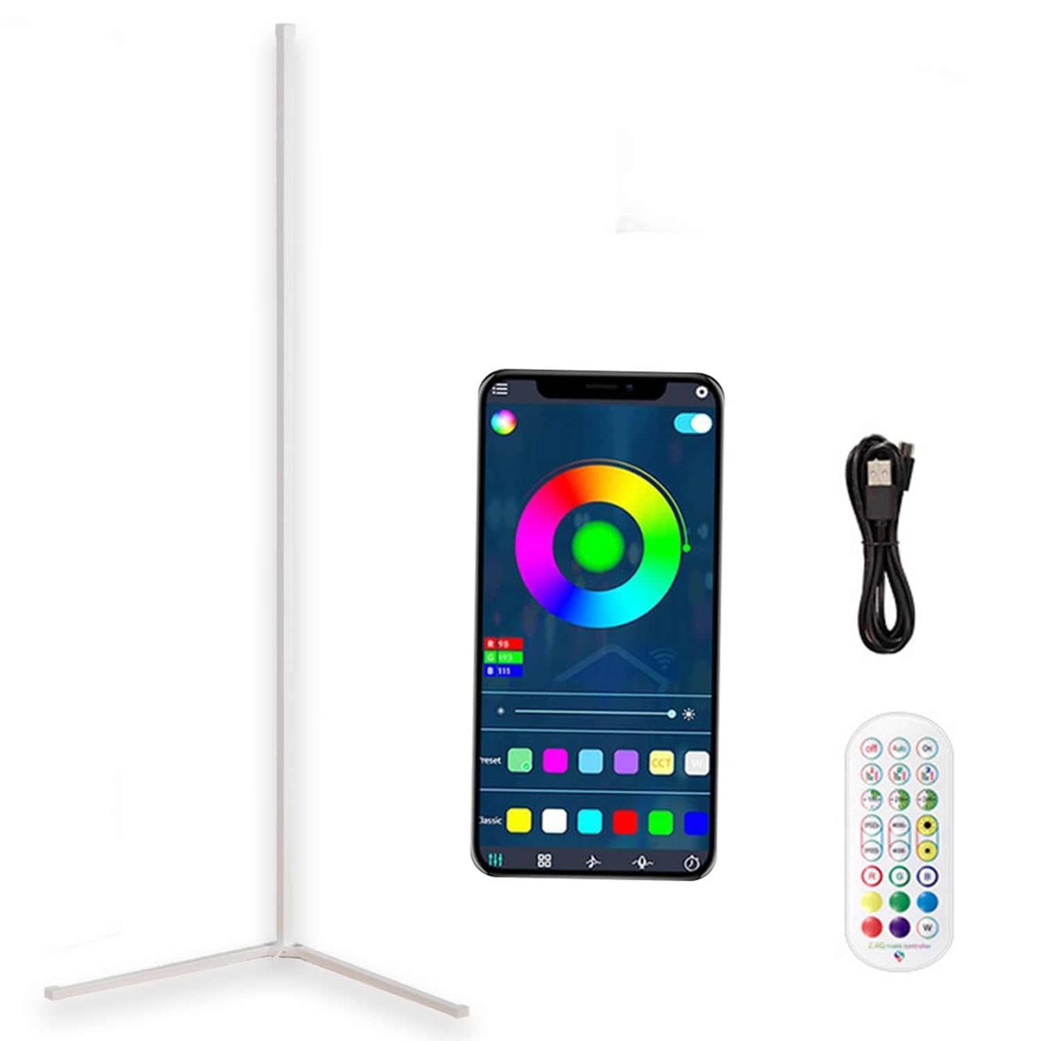 Lampa stojąca LED, 16 milionów zmieniających się kolorów, RGB, narożne światło 142 cm z synchronizacją muzyki, zdalne sterowanie za pomocą aplikacji, tryb DIY i czas, do salonu, sypialni, pokoju gier