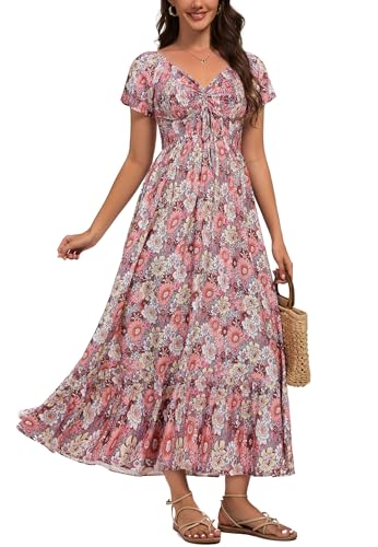 Image of Summer Smocked Boho Maxi Dress for Women 2026 Short Sleeve Floral Smocked Flowy Ruffled Beach Vacation Dresses Lightweight