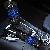 STUOARTE Blue Rose Print Fashion Car Handbrake Cover Gear Shift Knob Cover Set for Women, Universal Anti Skid Breathable Car Accessories Decor
