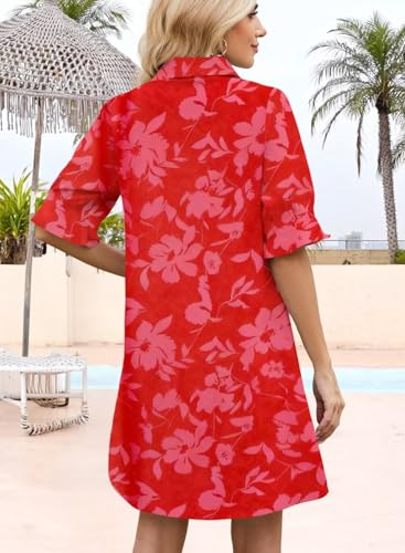 Image of Womens Summer Shirt Mini Dresses 2026 Beach | Flowy Shift Dress, Button V Neck, Polo Collar, Ruffle Short Sleeve, Floral Boho Style, Casual Vacation Outfits with Pockets