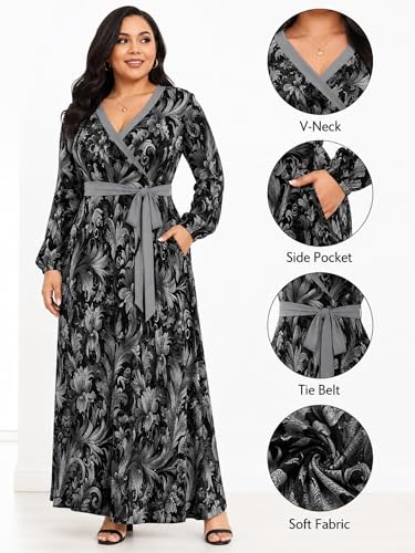 Image of PinkPatty Women's Print Maxi Dresses 3 /4 Sleeve Flowy Long Dress V Neck Wrap Tie Waist Sundress