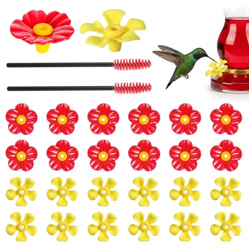 Nogeqi 24 Pcs Hummingbird Feeder Replacement Flowers Hummingbird Feeder Replacement Parts with 2 Pcs Cleaning Brush Humming Bird Feeders Flowers Parts for Outdoors Hanging Feeders (Red + Yellow)