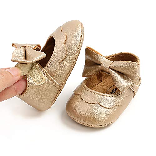Image of Baby Girls Mary Jane Flats with Bowknot Flowers Princess Wedding Dress Ballet Shoes Non-Slip Toddler First Walkers Newborn Crib Shoes