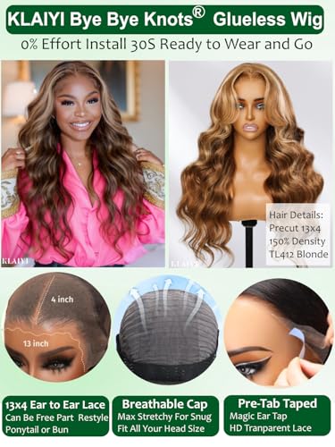 Image of KLAIYI Wear And Go Glueless Wig Bye Bye Knots 13x4 Precut Lace Front Wigs Human Hair Ombre Highlight Blonde Body Wave Wig Pre Bleached Pre Everything Pre Plucked with Baby Hair 3S Ready to Wear 18Inch