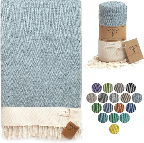 SMYRNA TURKISH COTTON - Herringbone Series Original Turkish Beach Towel Cotton, Prewashed, 37 x 71 Inches | Peshtemal and Turkish Bath Towel for SPA, Beach, Pool, Gym and Bathroom (Light Blue)