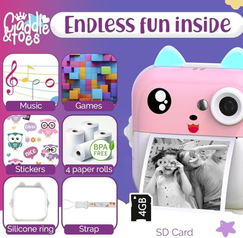 Image of CADDLE & TOES 48 MP 1080p HD Instant Print Camera Toy for Kids with Free App, 3 Rolls Print Paper, SD Card, Bluetooth, Fun Filters & Stickers | Birthday Gift for Girls & Boys Age 4-12 (Pink)