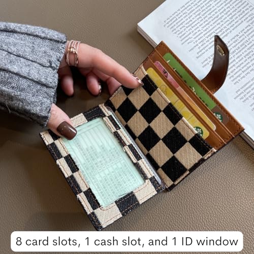 Image of TURBOOST Cute Slim Card Holder Canvas Front Pocket Checkered Wallet, Small Credit Card Case for Women (Black)