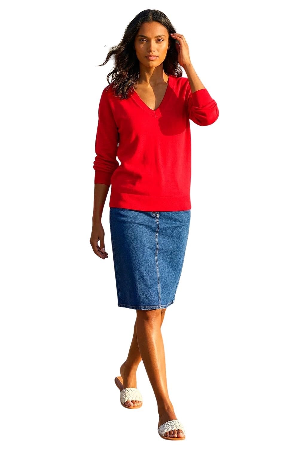 Roman Originals Women's Scarlet Roman V-Neck Jumper For Uk Boyfriend Fit Slouch Sweater Winter Autumn Textured Casual Flattering Knit Pullover Knitwear Daywear Lightweight Lounge - Size 18
