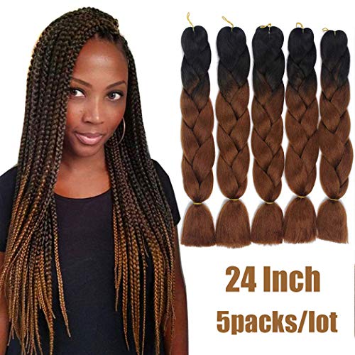 Ombre Jumbo Braiding Hair 5pcs/lot Kanekalon Synthetic Hair Extensions Jumbo Braid Twist Braiding Hair (Black-Dark Brown, 24")