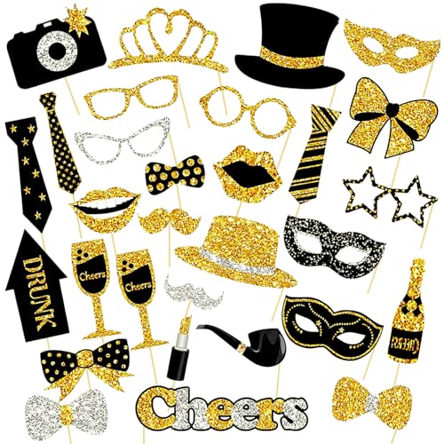 Culinavog 30 Stück Foto Requisiten Set Schwarz Gold, Fotobox Accessoires für Hochzeit, Geburtstag, Weihnachten, Party Deko, Foto Booth Props Erwachsene Kinder, Glitzer Karton