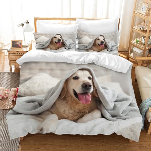 AVJWWD Housse de Couette Chien 3D Motif 3 pièces Chien Parure de lit 1/2 Personnes,Housse de Couette Animaux avec 2 Taie d'oreiller 65x65 cm pour Enfant (Dog...