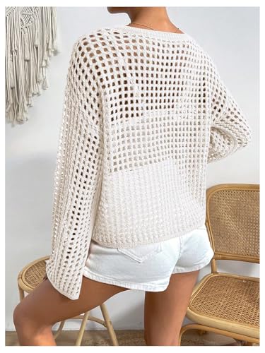 Women's Hollow Out Crochet Sweater Boho Sheer Long Sleeve Knitted Casual Pullover Tops Fall Sweater2