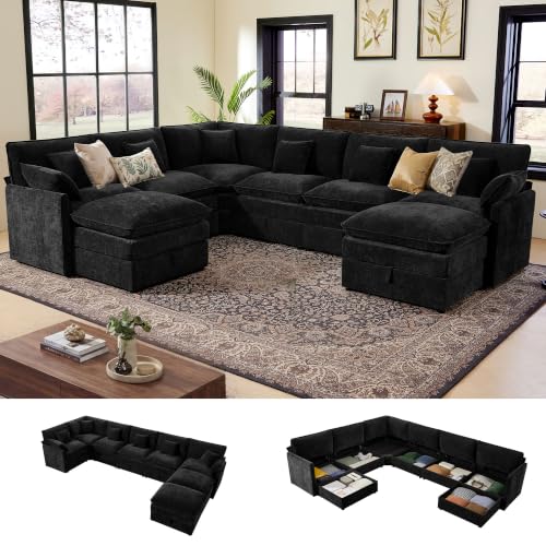 Image of Ihanherry Oversized Modular Sectional Sofa with Storag, 8-Seater V Shaped Cloud Couch with Movable Ottomans, Chenille Deep Seat Corner Couches for Living Room (Black)