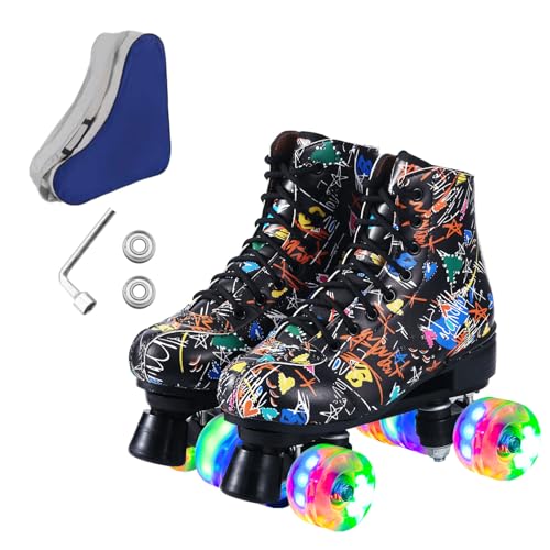 Ugboiu Unisex Black Derby Double-Row Skates, 4 Shiny Wheels Indoor Outdoor