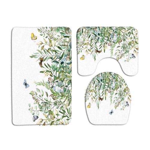 Sage Green Leaves 3 Pcs Bath Rugs Set,Watercolor Eucalyptus Plant Floral Butterfly Rustic Nature Spring Botanical Bathroom Kitchen Rug with 17.8