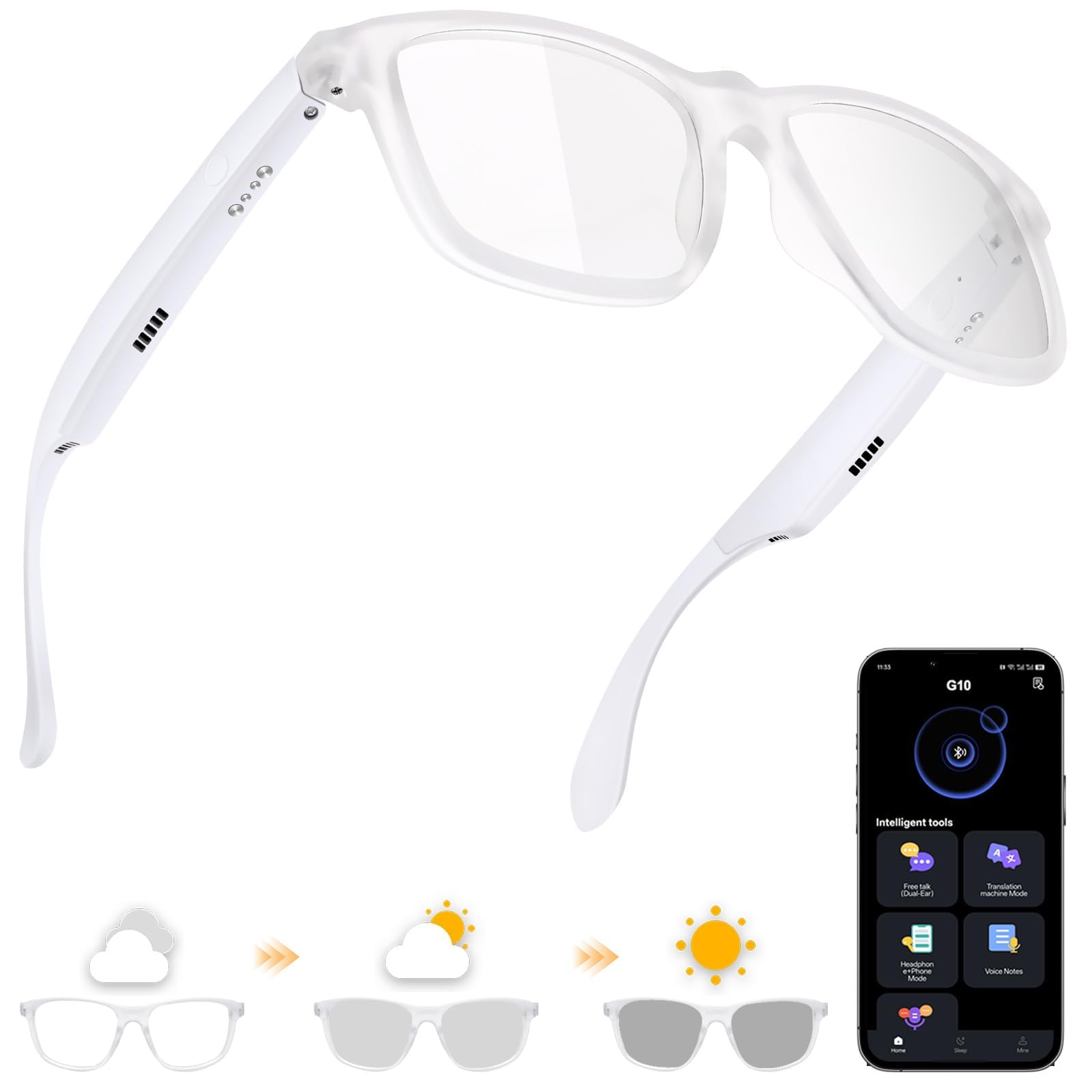 ALOUS Smart Glasses for Men & Women,Bluetooth Glasses with AI Translator,164 Languages &Open Ear Sound Mic & Speakers, Intelligent Touch,Magnetic Charging,UV Protection and Voice Assistant