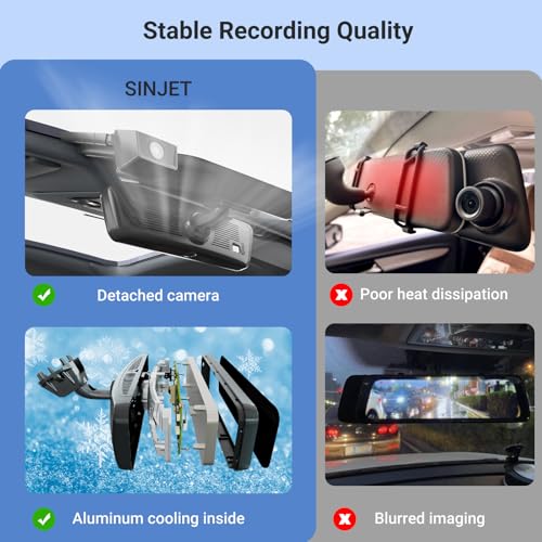 Sinjet 9.66? Rear View Mirror Camera OEM with IPS Screen, Detached Front Lens, Front and Rear Camera, Night Vision, Parking Monitor, 4K+2K, 32GB SD, Bracket #179 – for Jeep Wrangler Gladiator