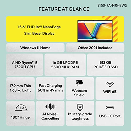 Image of ASUS Vivobook Go 15 (2023), AMD Ryzen 5 7520U, 15.6 inch (39.62 cm) FHD, Thin & Light Laptop (16GB /512GB SSD /Windows 11 /Office 2021 /Alexa Built-in /Green Grey /1.63 kg), E1504FA-NJ543WS