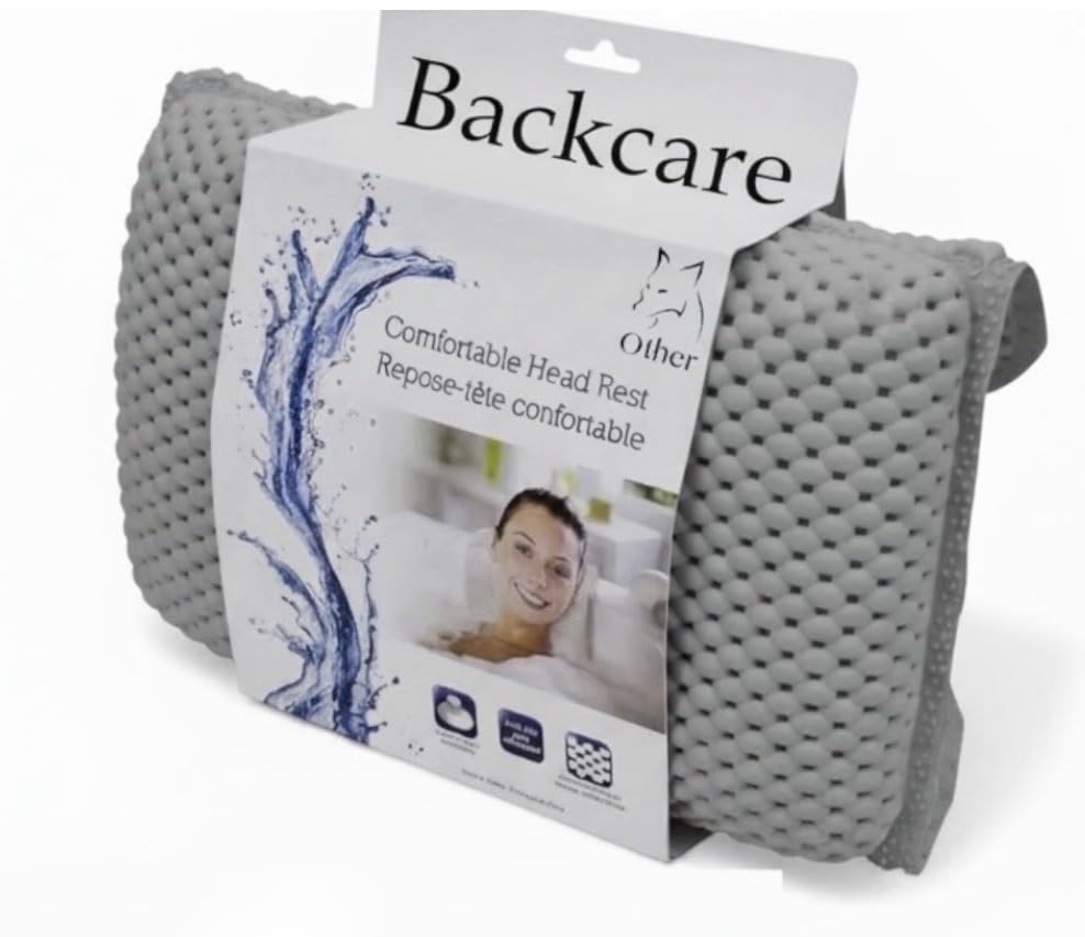 Backcare ® Waterproof GREY Breathable Bath Pillow Cushion Headrest support with 8-12 EXTRA Suction Non slip Cups Ergonomic Luxury 4D design (Manhattan GREY)