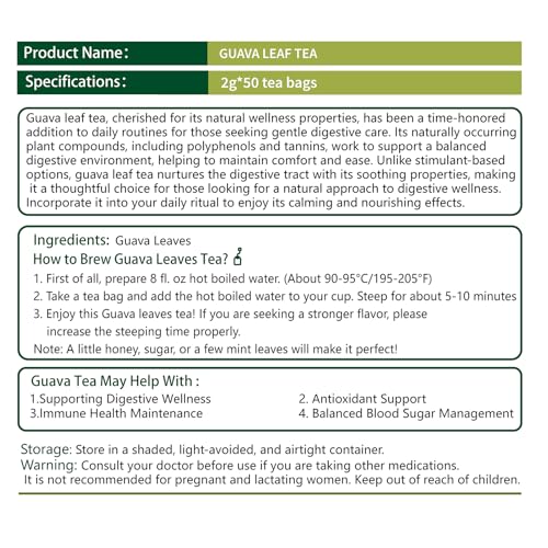 Samcci - Guava Leaves Tea Bags, 50 Teabags - Hojas De Guayaba, Premium Guava Leaf Tea - Immune Support - Digestion & Relaxation - Non-GMO - Caffeine-free