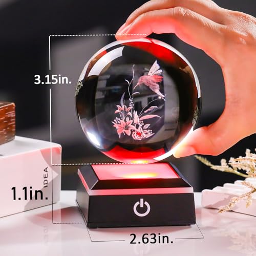 Image of 3D Crystal Ball Hummingbird with Lily Flowers Gifts for Women Unique Snow Globe Decor for Adults Glass Humming Birds Figurines Xmas Ornament with LED Base Lamp Collectibles Sculpture