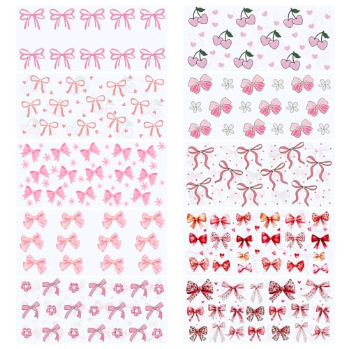 UV DTF Cup Wrap for 16 OZ,10 Sheets Coquettte Bows UV DTF Cup Wraps for Glass Water Bottle,Pink Bow Cute Cherry Love Uvdtf Transfer Stickers for DIY Coffee Mug Craft Decorations,Holiday Gift for Women
