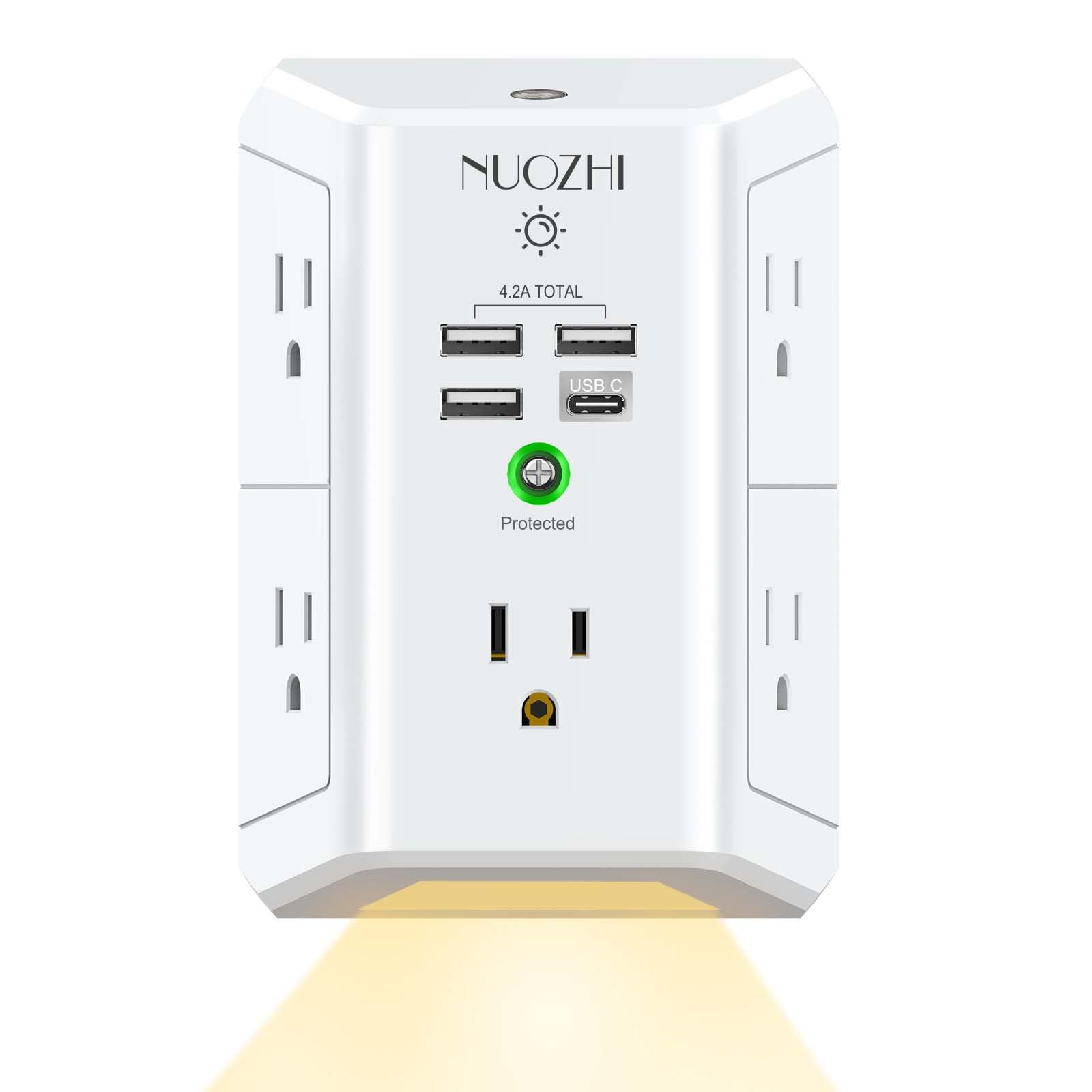 Surge Protector Power Strip, USB Wall Charger with Night Light, NUOZHI 5-Outlet Extender with 4 USB Ports(1USB C), 1680 Joules Multi Plug Outlet with Spaced Outlets for Home, Office, ETL, White