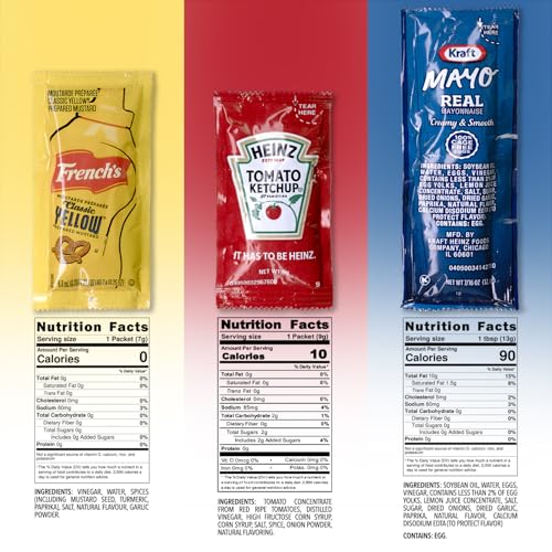 Image of Grab-n-Go Condiment Packs - (450 Pack) 50 Single Serve Pouches of Ketchup, Mustard, & Mayo - Dispenser Box, Great for Picnics, Boxed Lunch, BBQ, Travel, and Parties
