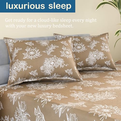 Image of Kuber Industries Cotton 180 TC Double Bedsheet With 2 Pillow Covers | Machine Washable Soft Bedsheet For Living Room, Home & Hotels | Lotus Fabio Print - Brown & White