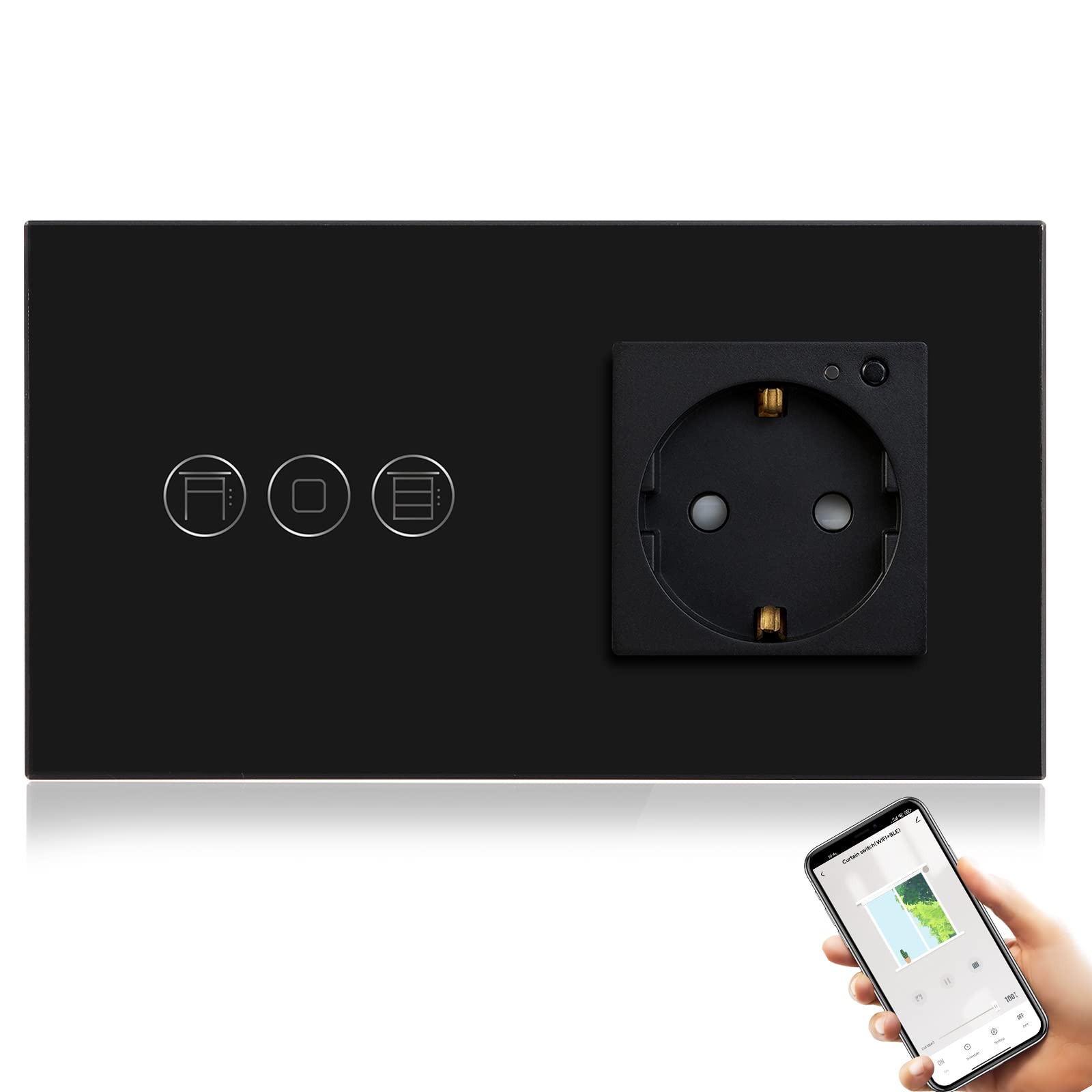 BSEED Interruttore a tapparella Wifi e Schuko Presa intelligente compatibile con Alexa/Tuya, controllo percentuale nero 157 mm (richiede cavo neutro)